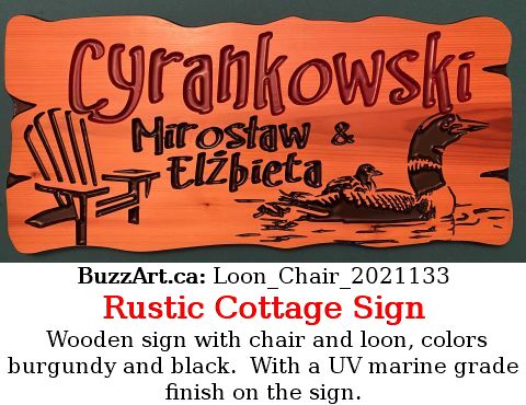 Wooden sign with chair and loon, colors burgundy and black.  With a UV marine grade finish on the sign.